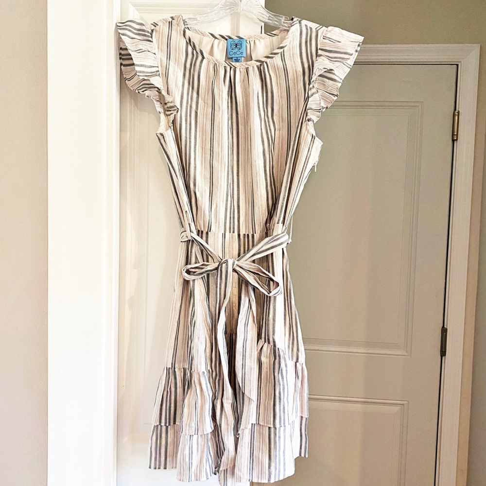 Cece Flutter Sleeve Metallic Stripe Ruffled Dress - image 3